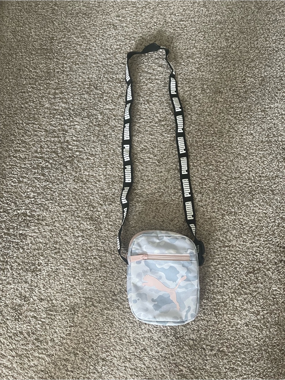 PUMA women’s Small Crossbody Bag in Light Gray/Pink Camo